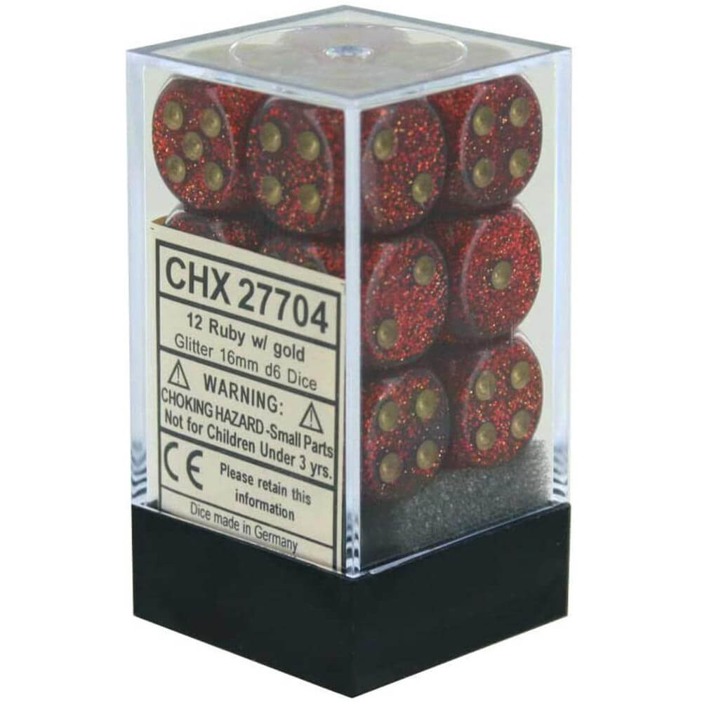 D6 terning glitter 16mm (12 terninger)